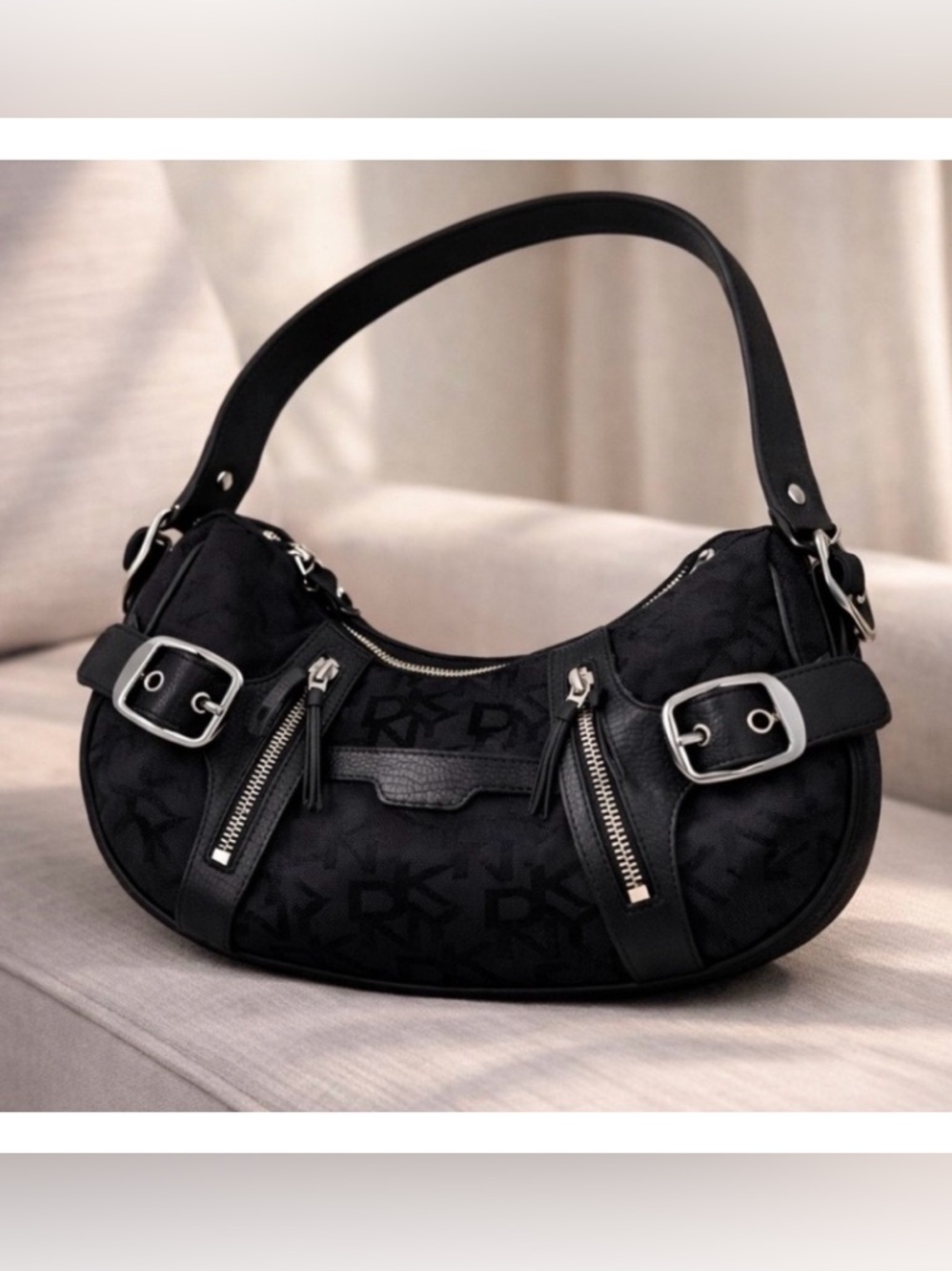 Vintage DKNY Black Monogram Buckle Hobo Bag Y2K